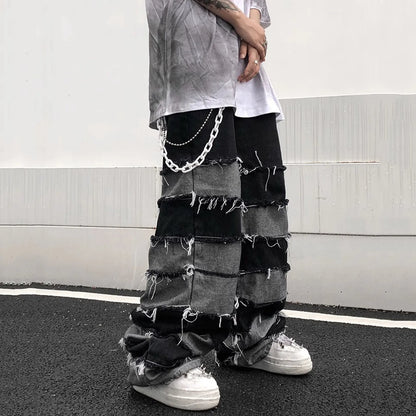 Tassel Patchwork Wide Leg Jeans - Men's Baggy Ripped Distressed Stacked Denim Pants