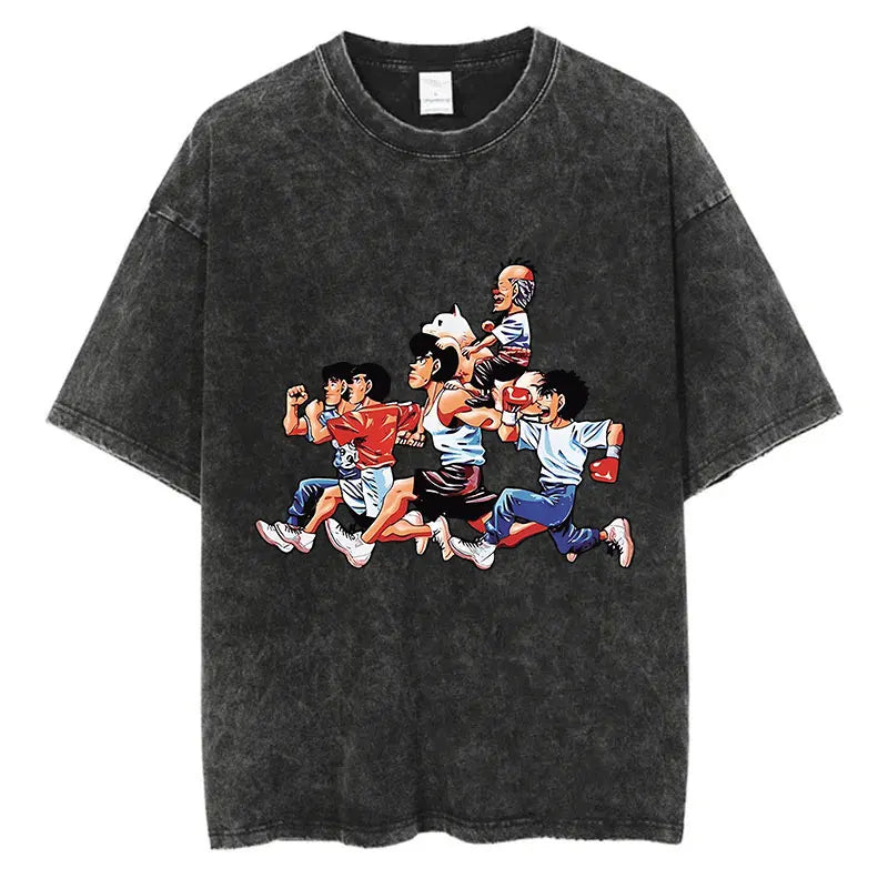 Vintage Washed Anime T-Shirt - Hajime No Ippo Kamogawa Boxing Gym Loose Fit Tee for Men & Women