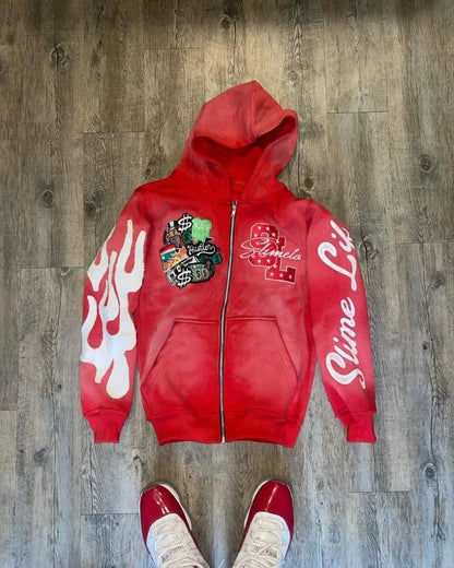 Slime Life Oversized Hoodie - Y2K Gothic Retro Zipper Sweatshirt with Flame Embroidery