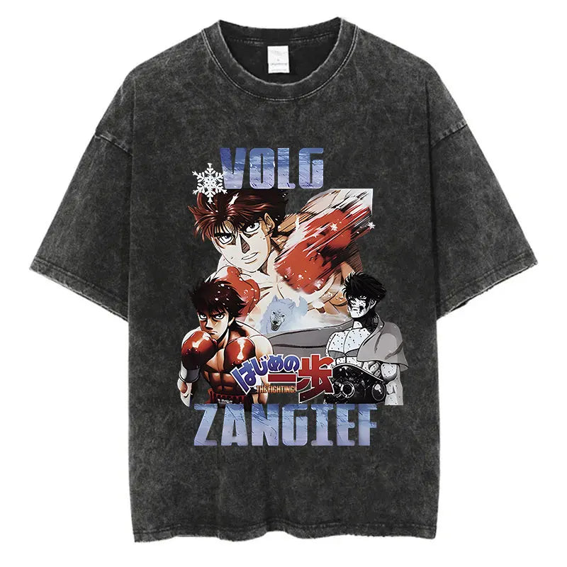 Vintage Washed Anime T-Shirt - Hajime No Ippo Kamogawa Boxing Gym Loose Fit Tee for Men & Women