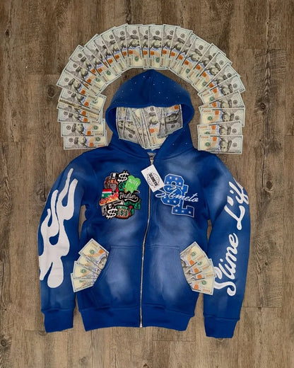 Slime Life Oversized Hoodie - Y2K Gothic Retro Zipper Sweatshirt with Flame Embroidery