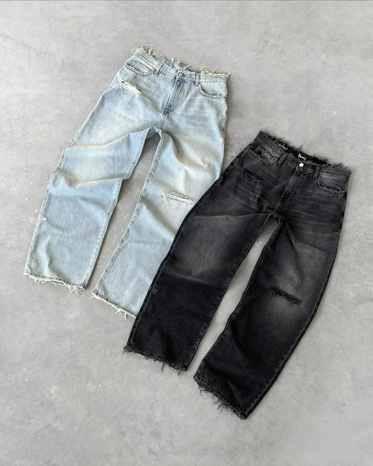 Washed Ripped Jeans - Men's American Retro High Street Embroidery Denim Pants
