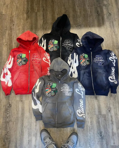 Slime Life Oversized Hoodie - Y2K Gothic Retro Zipper Sweatshirt with Flame Embroidery