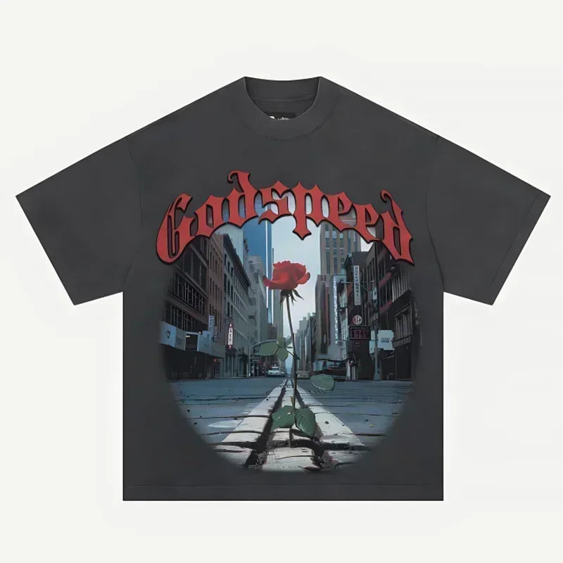 American Style Hip Hop 'GOD SPEED' Graphic T-Shirt - High Street Black Short Sleeve Top for Men