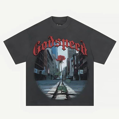American Style Hip Hop 'GOD SPEED' Graphic T-Shirt - High Street Black Short Sleeve Top for Men