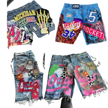 Y2K Gothic Patchwork Denim Shorts - Hip Hop High-Waist Baggy Streetwear for Men & Women