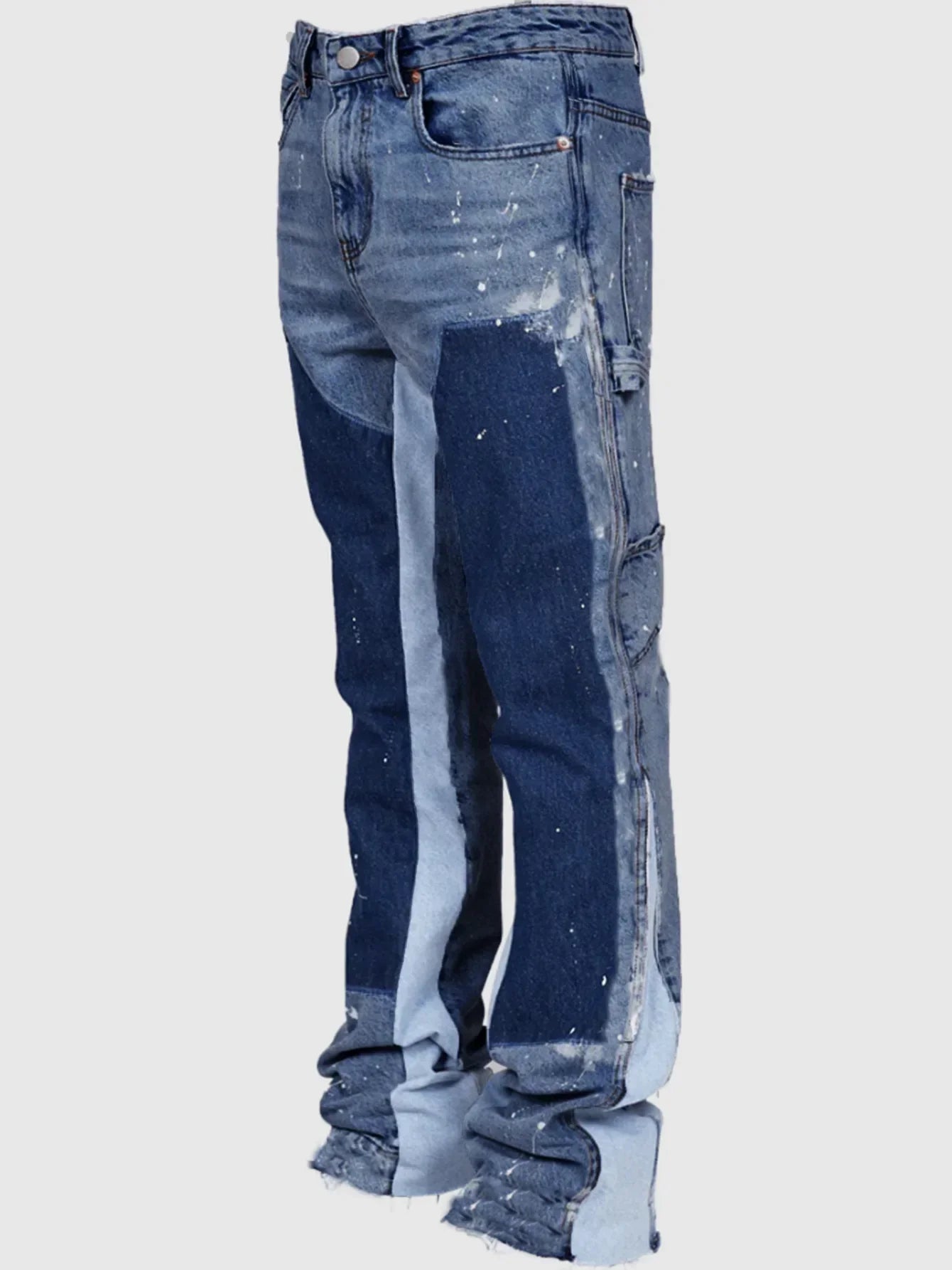Mens Elastic Patchwork Layered Denim Flared Jeans (S-XXL)