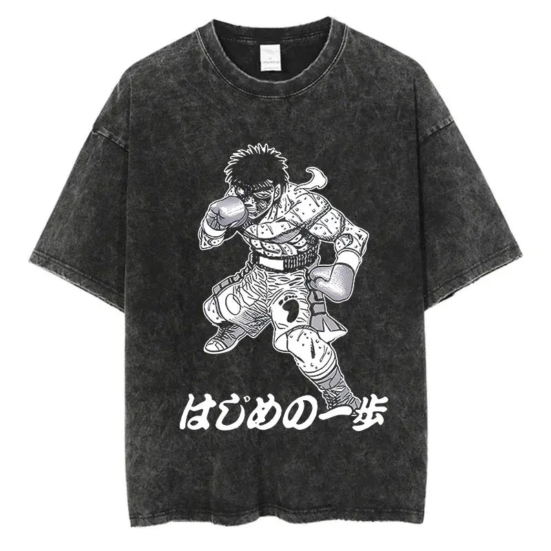 Vintage Washed Anime T-Shirt - Hajime No Ippo Kamogawa Boxing Gym Loose Fit Tee for Men & Women
