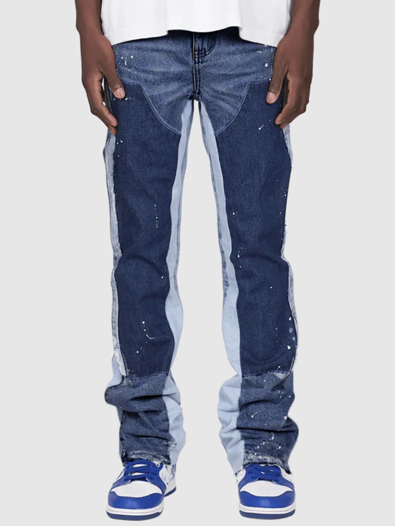 Mens Elastic Patchwork Layered Denim Flared Jeans (S-XXL)