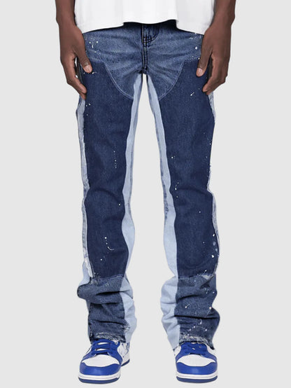 Mens Elastic Patchwork Layered Denim Flared Jeans (S-XXL)