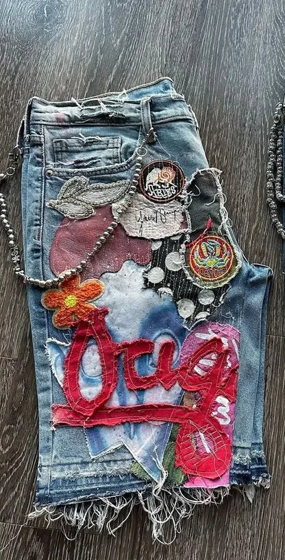 Y2K Gothic Patchwork Denim Shorts - Hip Hop High-Waist Baggy Streetwear for Men & Women