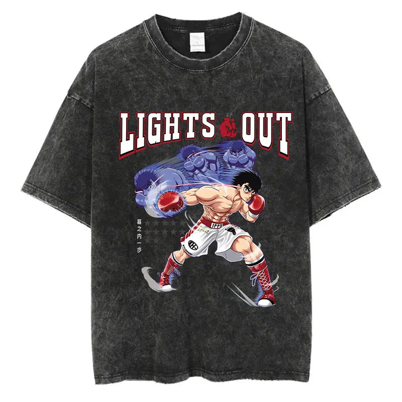 Vintage Washed Anime T-Shirt - Hajime No Ippo Kamogawa Boxing Gym Loose Fit Tee for Men & Women