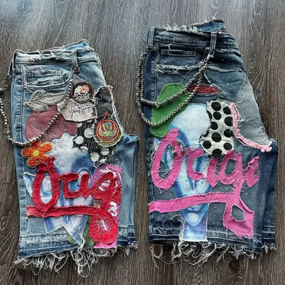 Y2K Gothic Patchwork Denim Shorts - Hip Hop High-Waist Baggy Streetwear for Men & Women