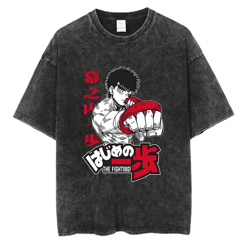 Vintage Washed Anime T-Shirt - Hajime No Ippo Kamogawa Boxing Gym Loose Fit Tee for Men & Women