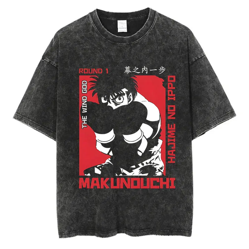 Vintage Washed Anime T-Shirt - Hajime No Ippo Kamogawa Boxing Gym Loose Fit Tee for Men & Women