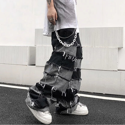 Tassel Patchwork Wide Leg Jeans - Men's Baggy Ripped Distressed Stacked Denim Pants