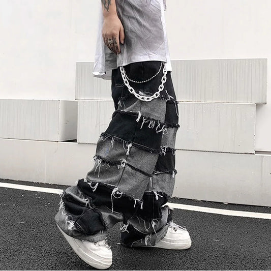 Tassel Patchwork Wide Leg Jeans - Men's Baggy Ripped Distressed Stacked Denim Pants