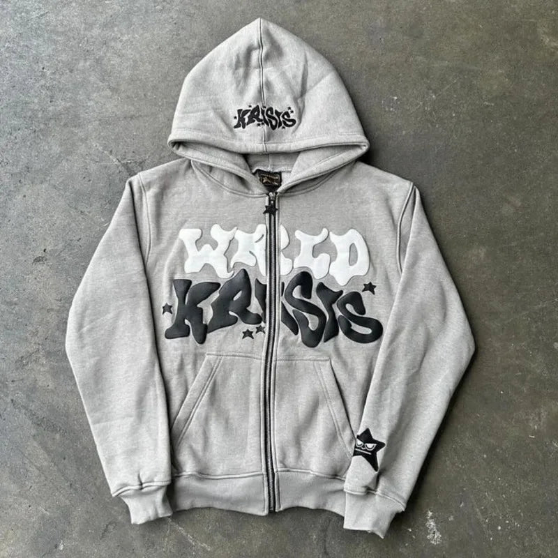 Harajuku Oversized Hoodie – Colorful Letter Print Y2K Hip-Hop Zipper Sweatshirt for Men & Women