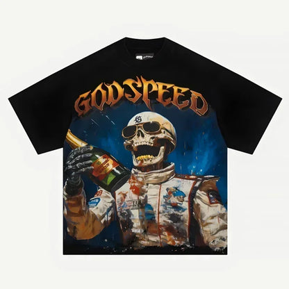 American Style Hip Hop 'GOD SPEED' Graphic T-Shirt - High Street Black Short Sleeve Top for Men