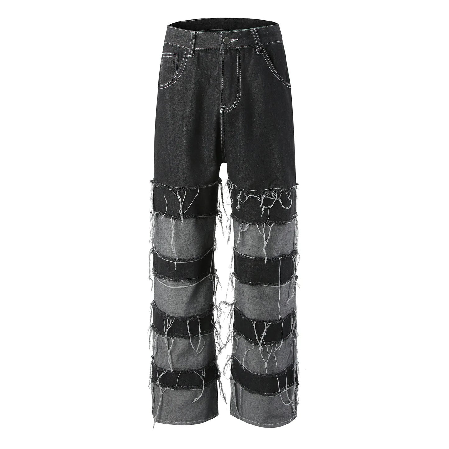Tassel Patchwork Wide Leg Jeans - Men's Baggy Ripped Distressed Stacked Denim Pants
