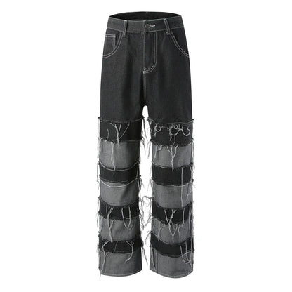 Tassel Patchwork Wide Leg Jeans - Men's Baggy Ripped Distressed Stacked Denim Pants