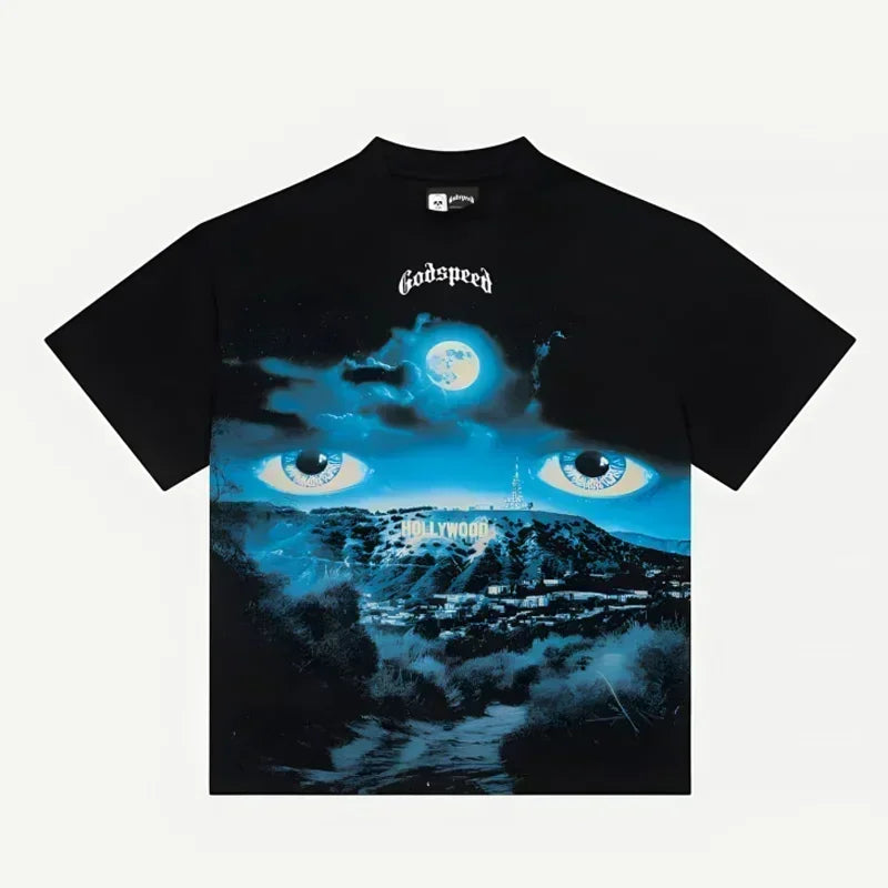 American Style Hip Hop 'GOD SPEED' Graphic T-Shirt - High Street Black Short Sleeve Top for Men