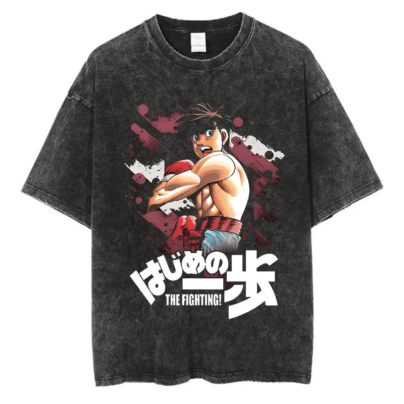 Vintage Washed Anime T-Shirt - Hajime No Ippo Kamogawa Boxing Gym Loose Fit Tee for Men & Women