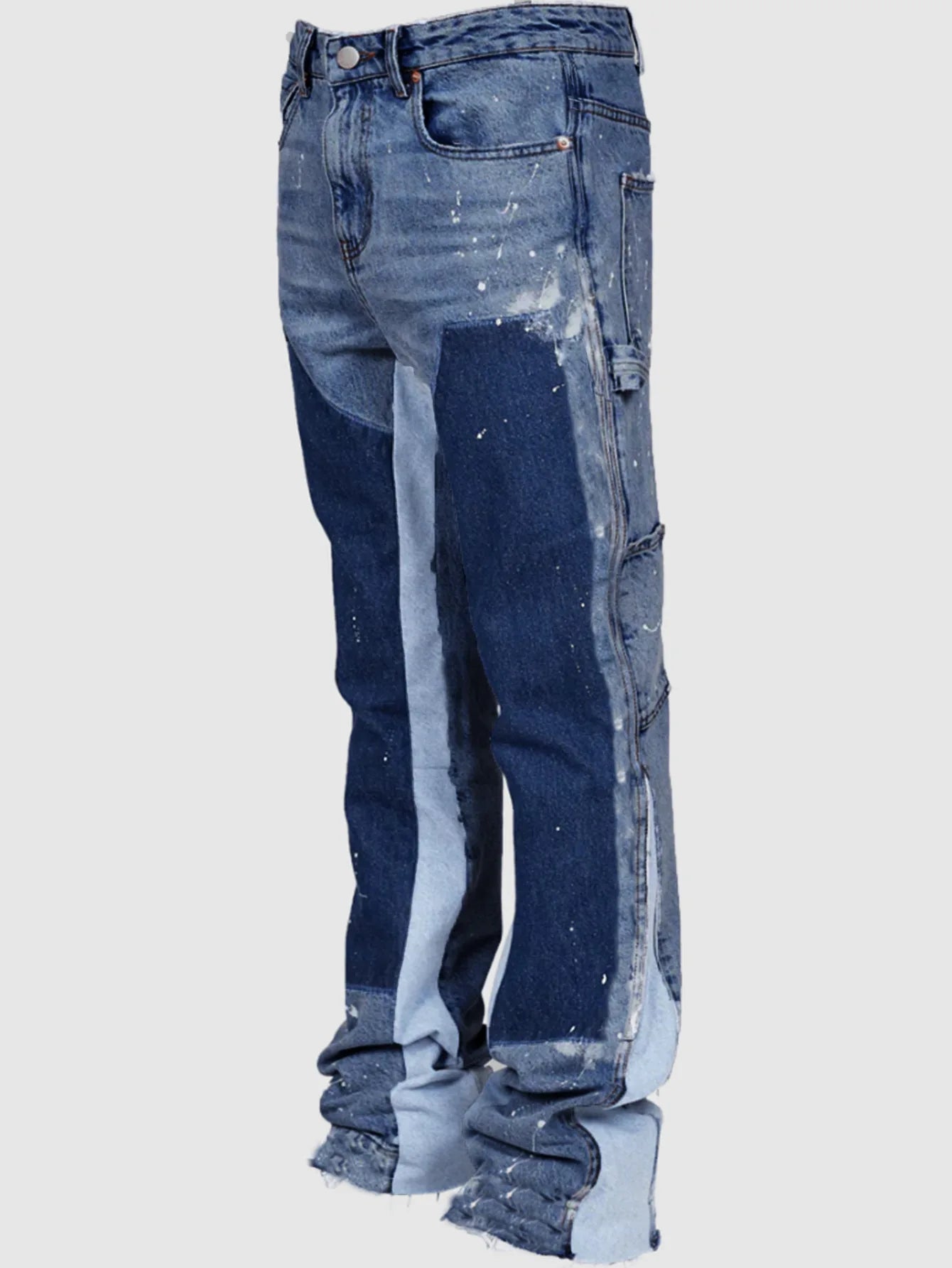 Mens Elastic Patchwork Layered Denim Flared Jeans (S-XXL)