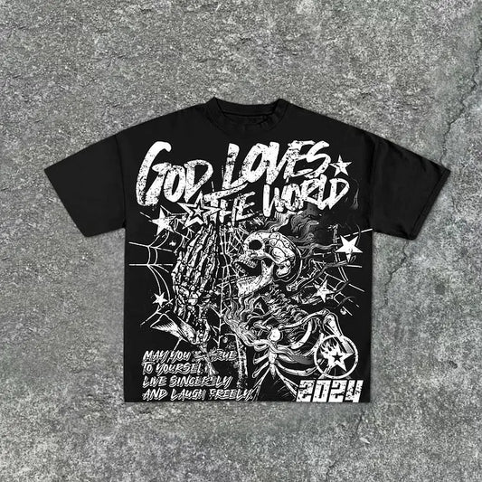 Vintage Oversized T-Shirt – God Loves the World Graphic Tee, 100% Cotton Streetwear for Men & Women