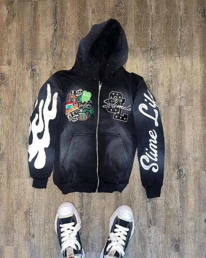 Slime Life Oversized Hoodie - Y2K Gothic Retro Zipper Sweatshirt with Flame Embroidery