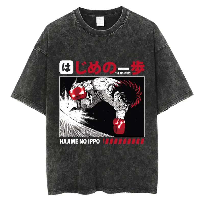 Vintage Washed Anime T-Shirt - Hajime No Ippo Kamogawa Boxing Gym Loose Fit Tee for Men & Women