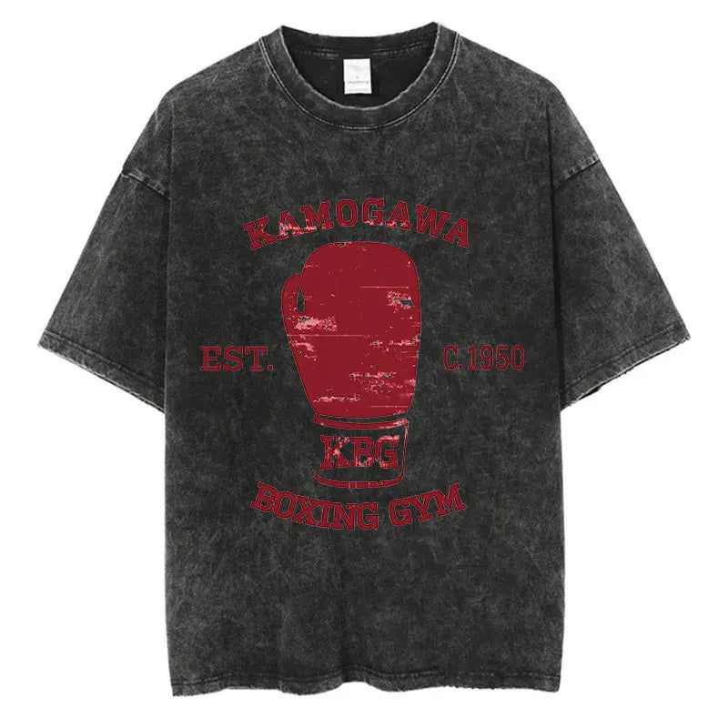 Vintage Washed Anime T-Shirt - Hajime No Ippo Kamogawa Boxing Gym Loose Fit Tee for Men & Women