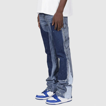 Mens Elastic Patchwork Layered Denim Flared Jeans (S-XXL)