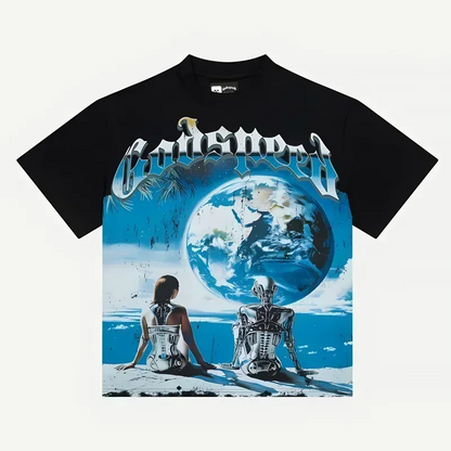 American Style Hip Hop 'GOD SPEED' Graphic T-Shirt - High Street Black Short Sleeve Top for Men