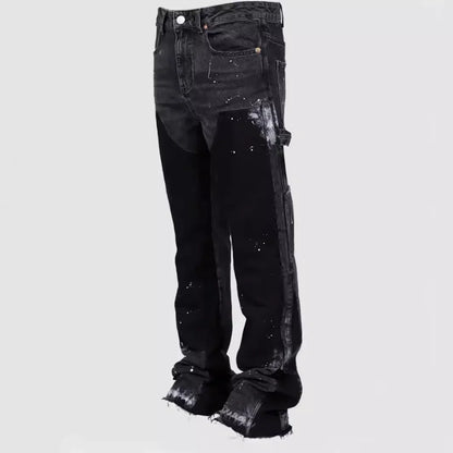 Mens Elastic Patchwork Layered Denim Flared Jeans (S-XXL)