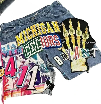 Y2K Gothic Patchwork Denim Shorts - Hip Hop High-Waist Baggy Streetwear for Men & Women