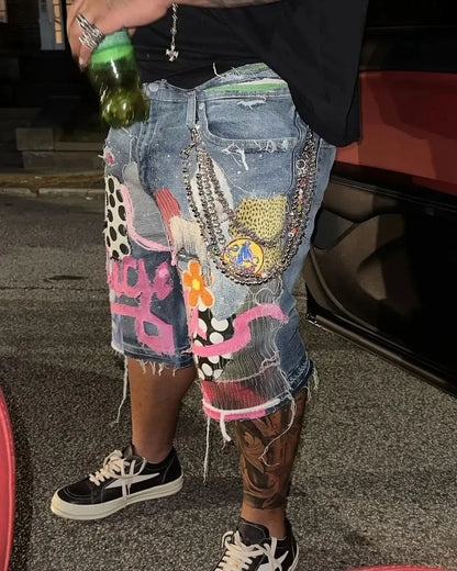 Y2K Gothic Patchwork Denim Shorts - Hip Hop High-Waist Baggy Streetwear for Men & Women