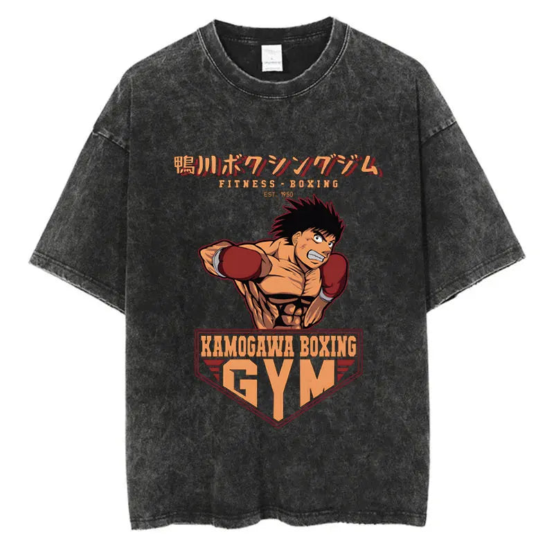 Vintage Washed Anime T-Shirt - Hajime No Ippo Kamogawa Boxing Gym Loose Fit Tee for Men & Women