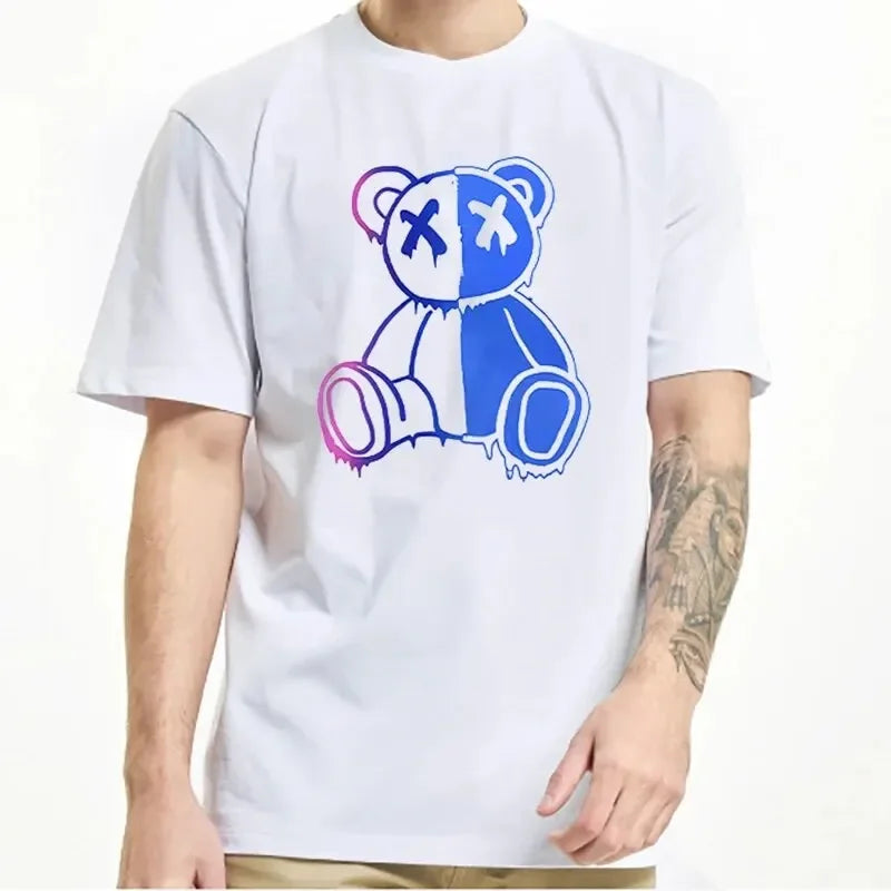 Fashion Cartoon Bear Print Men's T-Shirt - Solid Color O-Neck Hip-Hop Tee