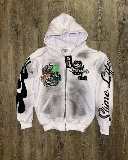 Slime Life Oversized Hoodie - Y2K Gothic Retro Zipper Sweatshirt with Flame Embroidery