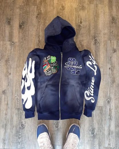 Slime Life Oversized Hoodie - Y2K Gothic Retro Zipper Sweatshirt with Flame Embroidery