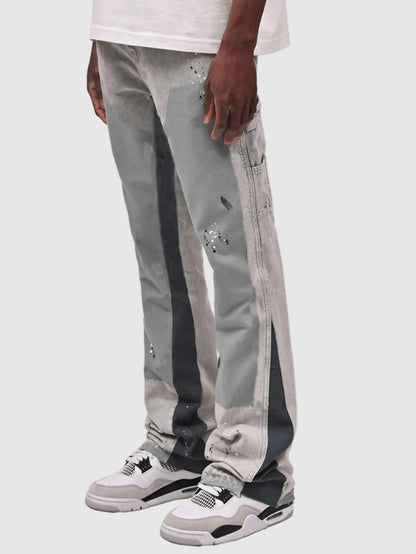 Mens Elastic Patchwork Layered Denim Flared Jeans (S-XXL)