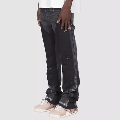 Mens Elastic Patchwork Layered Denim Flared Jeans (S-XXL)