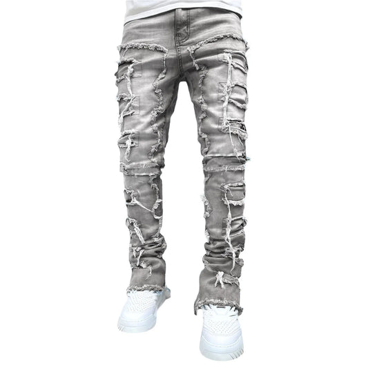 New Patch Denim Straight-Leg Pants - Retro Street Fashion Men's Stacked Jeans