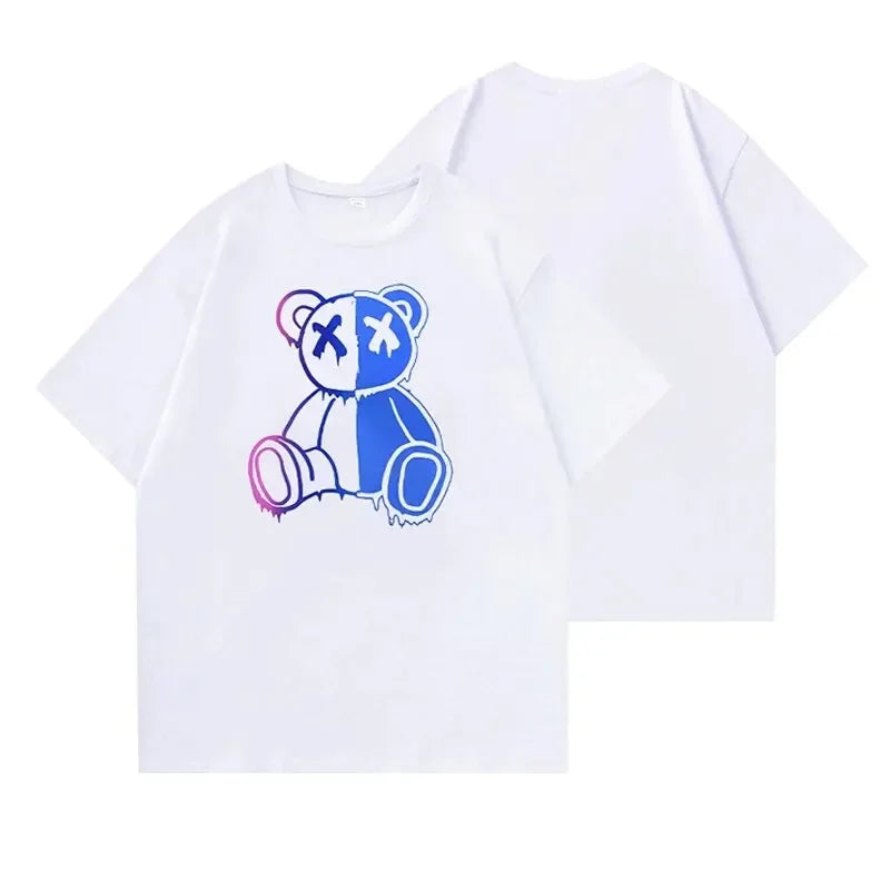 Fashion Cartoon Bear Print Men's T-Shirt - Solid Color O-Neck Hip-Hop Tee