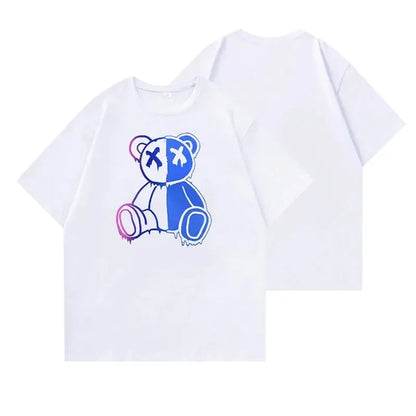 Fashion Cartoon Bear Print Men's T-Shirt - Solid Color O-Neck Hip-Hop Tee