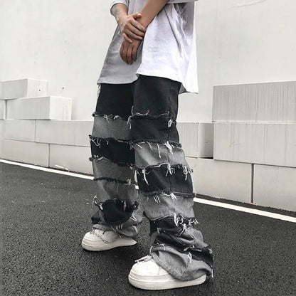 Tassel Patchwork Wide Leg Jeans - Men's Baggy Ripped Distressed Stacked Denim Pants