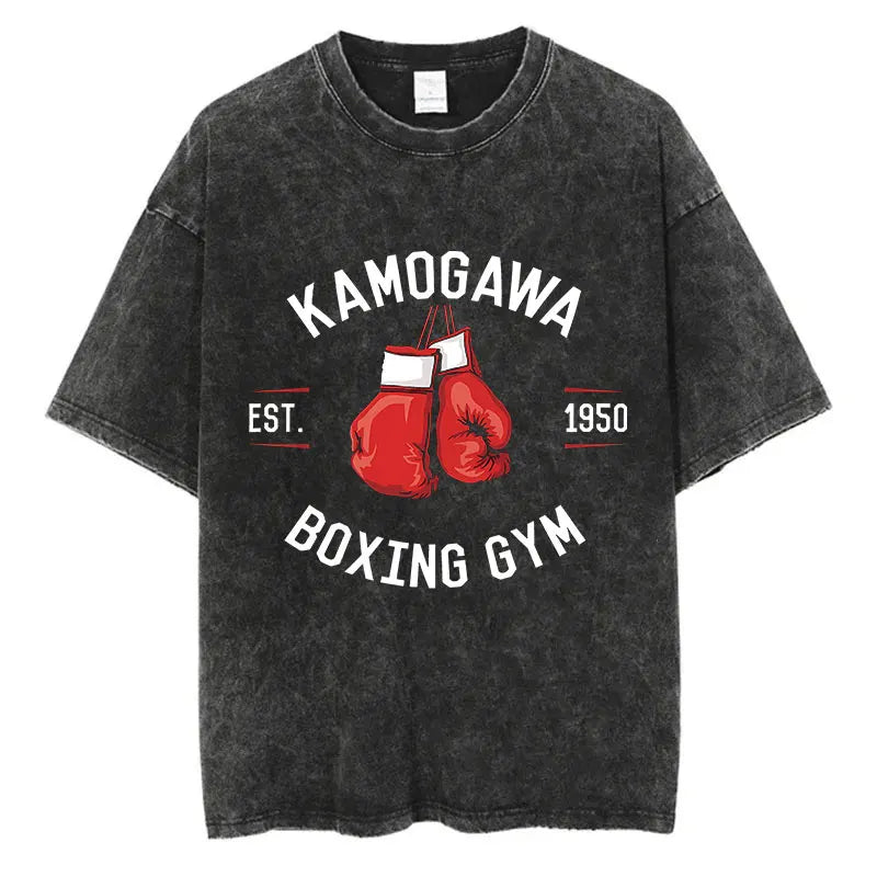 Vintage Washed Anime T-Shirt - Hajime No Ippo Kamogawa Boxing Gym Loose Fit Tee for Men & Women