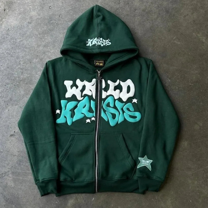 Harajuku Oversized Hoodie – Colorful Letter Print Y2K Hip-Hop Zipper Sweatshirt for Men & Women